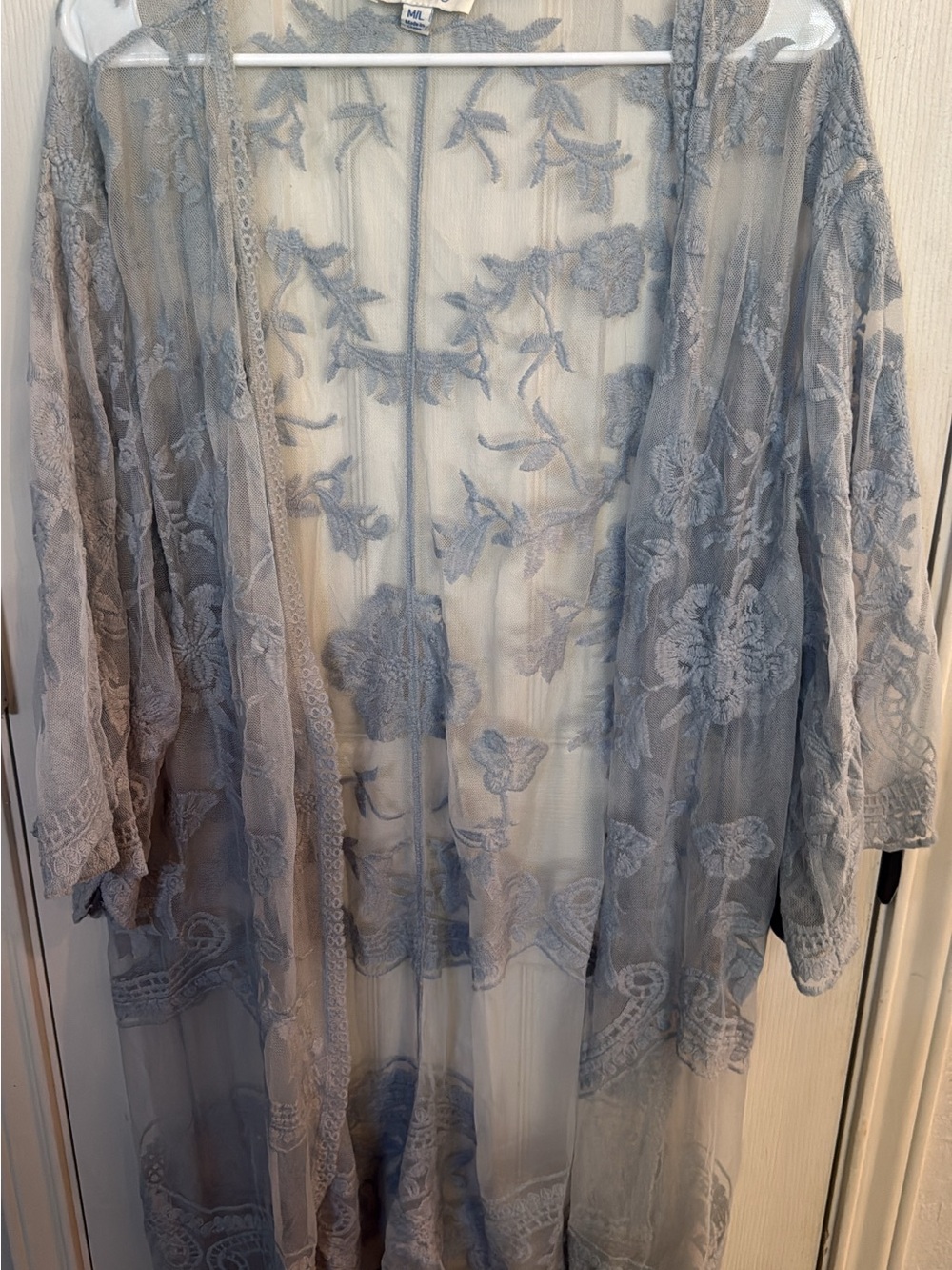 Sheer Embroidered Floral Kimono - Light Blue